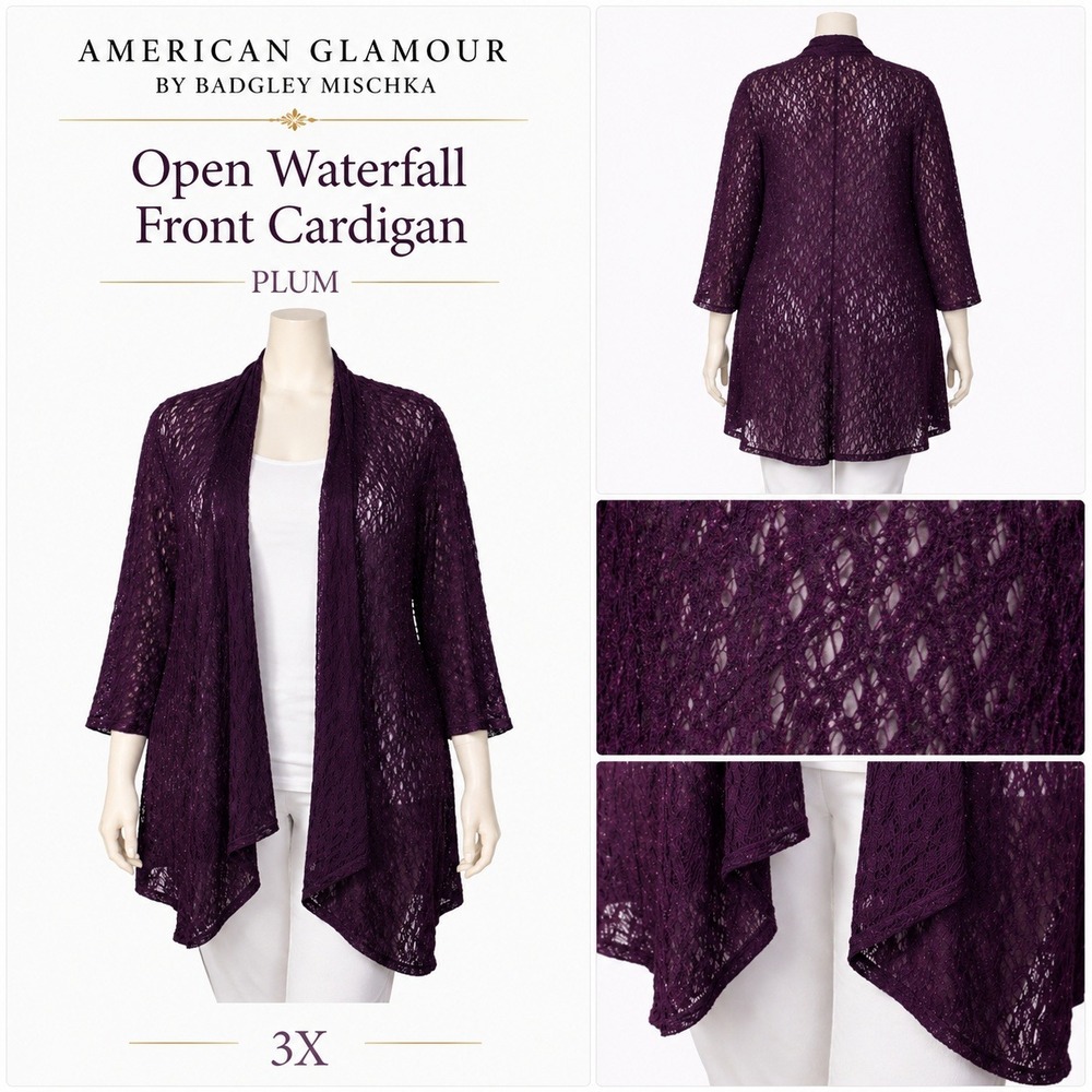 American Glamour Badgley Mischka Purple Pointelle Open Front Cardigan 3X BM30104